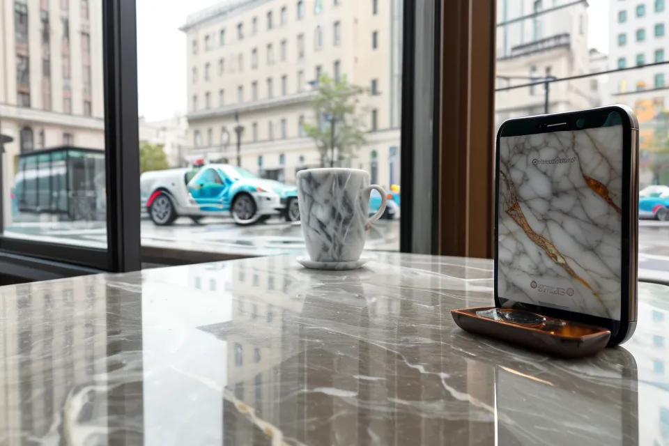 Mains posées de façon ouverte sur une table de café en bois, signe de langage corporel détendu en rendez-vous