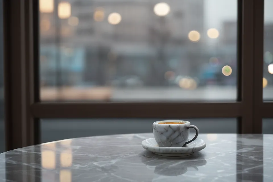 Deux tasses de café sur une table en fin de soirée, moment calme après un premier rendez-vous réussi