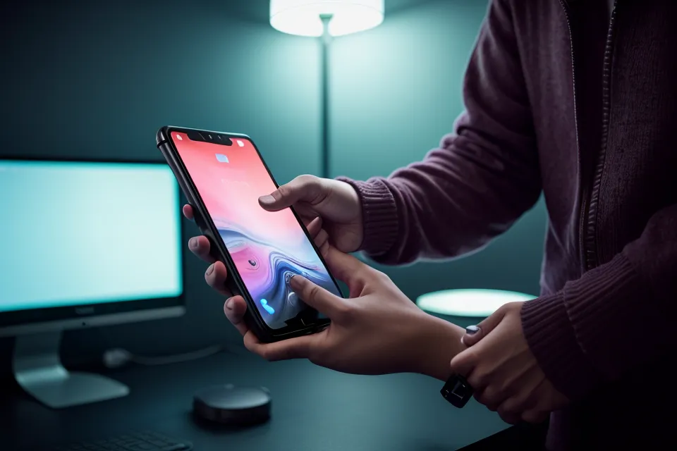 Main tenant un smartphone avec une application de rencontre ouverte dans une pièce tamisée