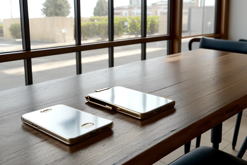 Smartphone et carnet de notes sur une table de café en journée