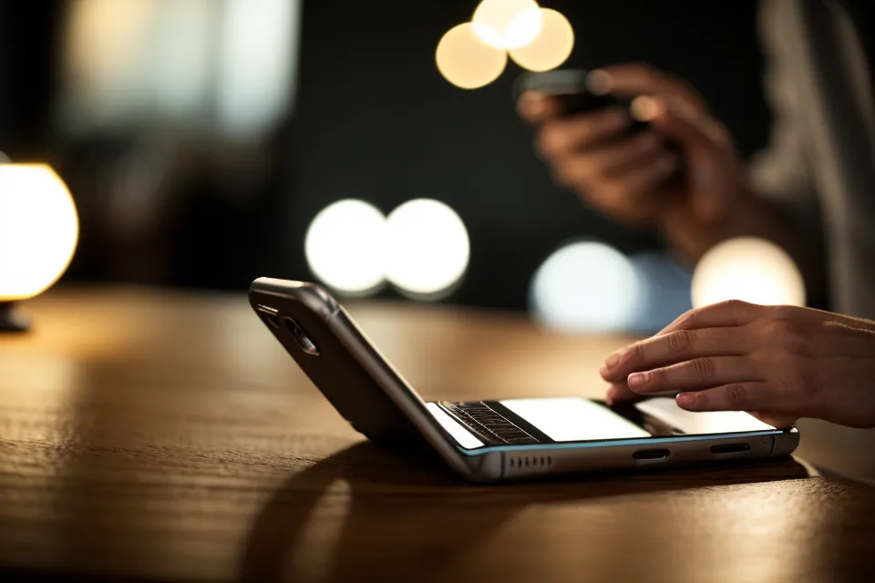 Gros plan sur des mains tapant un message sur un smartphone dans un café sombre.
