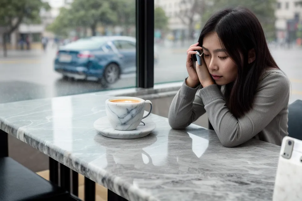 Deux tasses de café et un smartphone sur une table en bois dans un café chaleureux