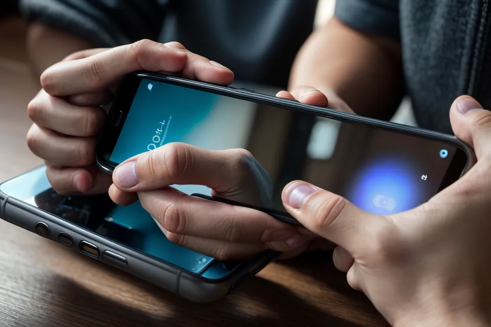 Mains tenant un smartphone au-dessus d'un bureau en bois le soir