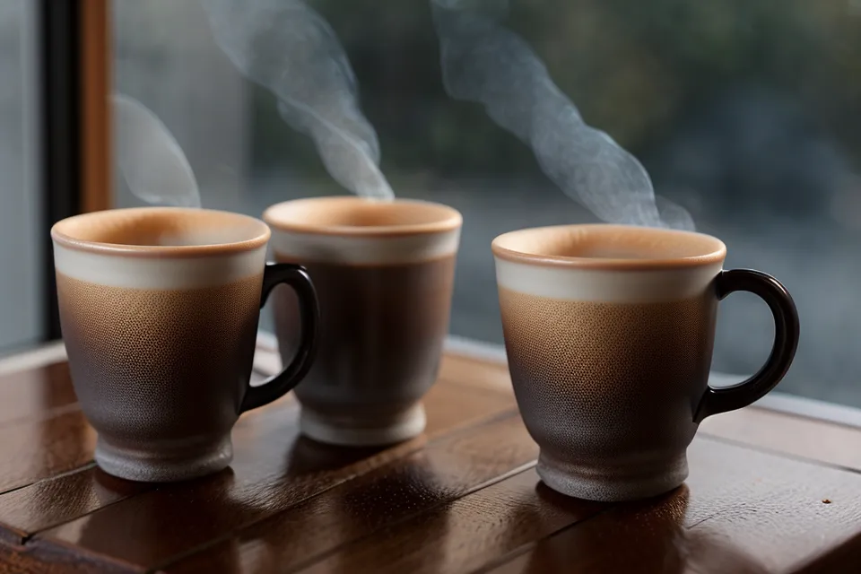 Deux tasses de café posées sur une table en bois dans un café