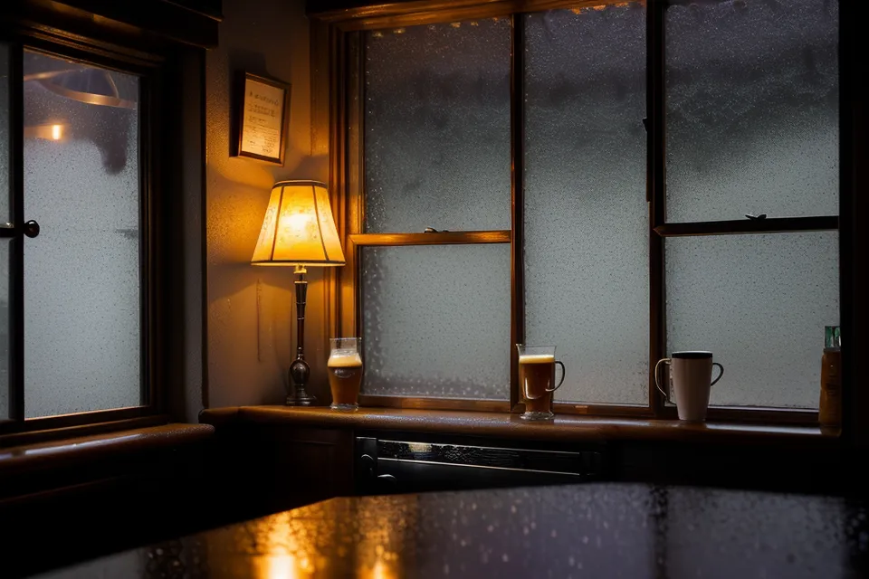 Comptoir chaleureux d'un bar vu à travers une vitre mouillée de pluie