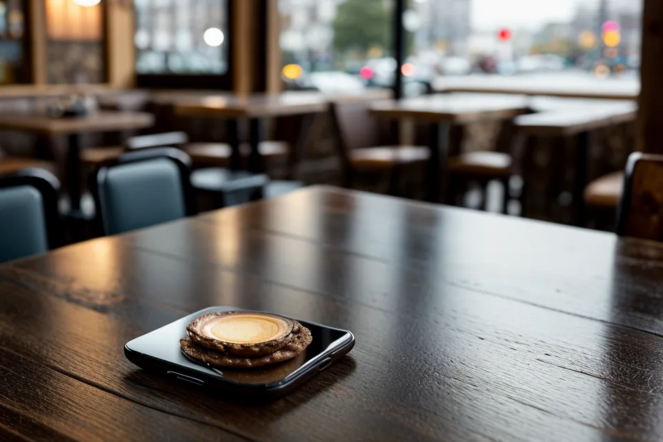 Tasse d'espresso sur une table en bois dans un café à Rennes, ambiance pour illustrer une bio Happn plus authentique