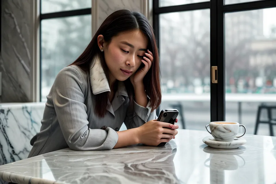 Gros plan d'un pouce qui fait défiler la liste des centres d'intérêt Tinder sur l'écran d'un smartphone.