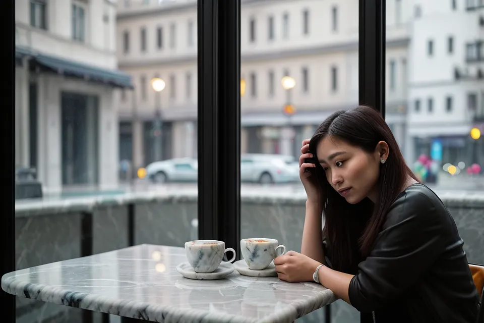 Un bureau minimaliste avec un smartphone affichant une application de rencontre, pour illustrer le réglage d'un profil Tinder.