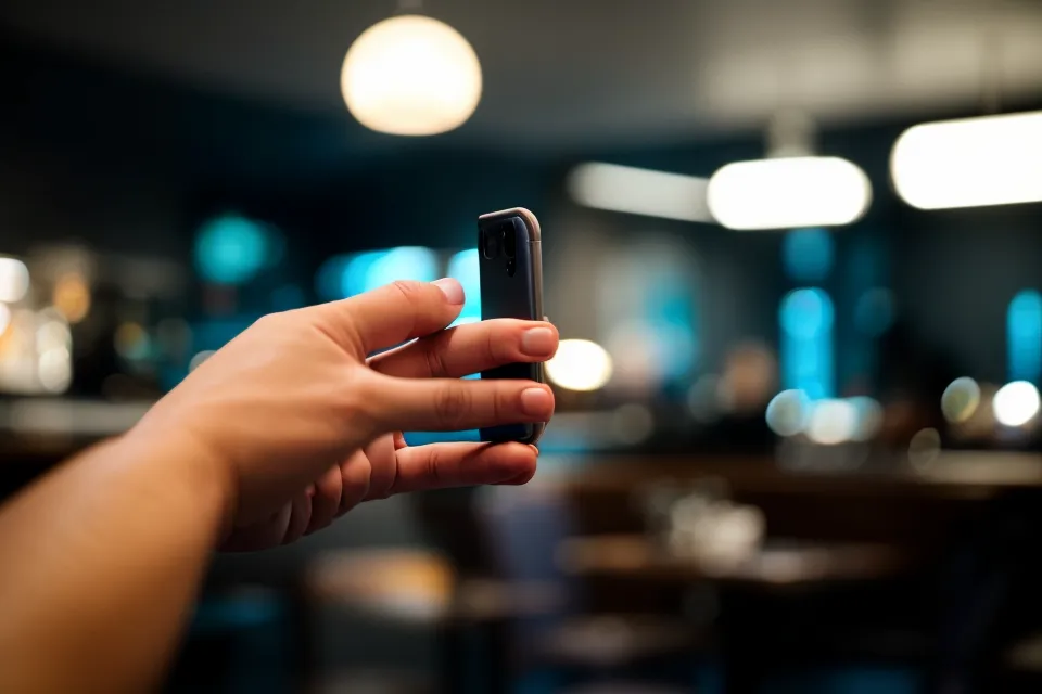 Gros plan d'une main tenant un smartphone avec une application de rencontre ouverte dans la pénombre.