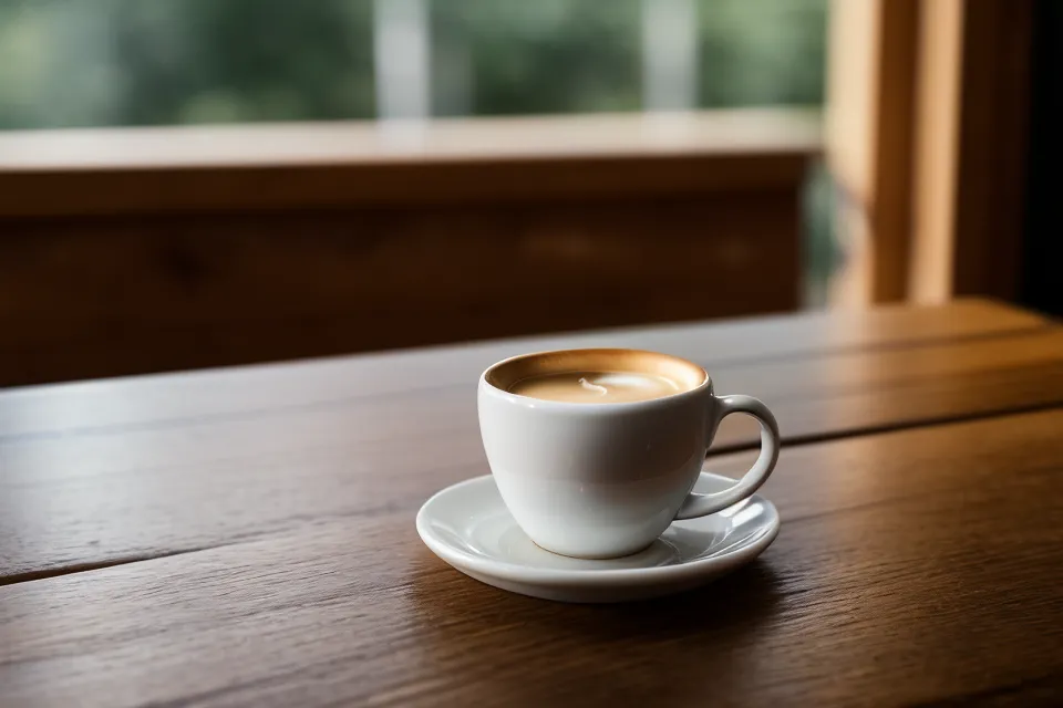 Smartphone posé sur une table de café en bois à côté d'une tasse de café vide.
