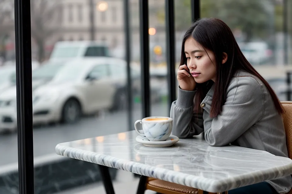 Écran de smartphone flou affichant un profil Hinge complété, prêt pour des rencontres sérieuses