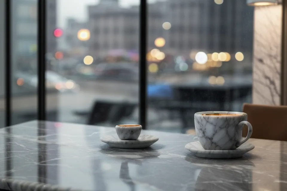 Gros plan d'un homme utilisant Tinder à côté de son ordinateur de travail avec un café.