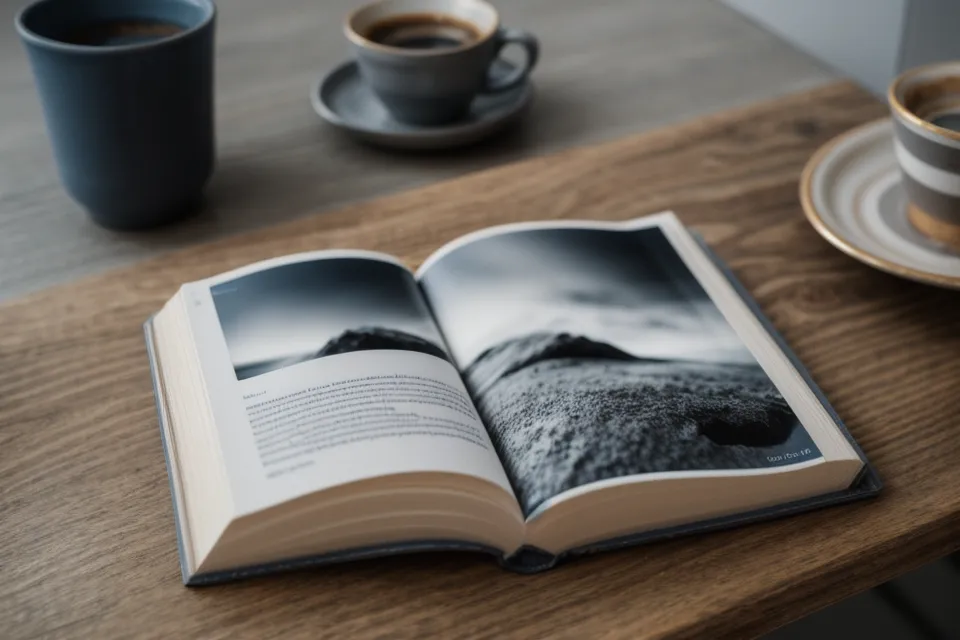 Un guide pratique posé sur un bureau en bois à côté d'un café froid