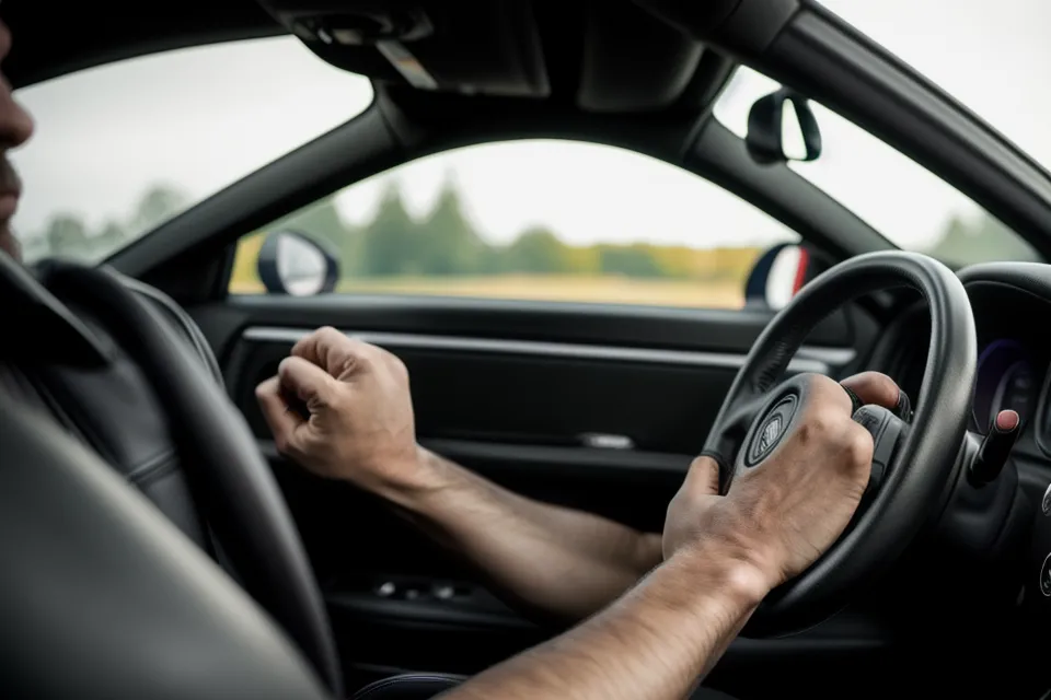 Mains d'un homme crispées sur un volant de voiture le soir