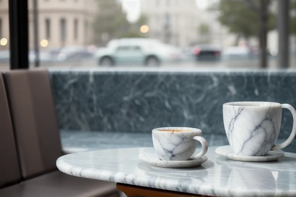 Une tasse de café vide et un téléphone sur une table devant une fenêtre pluvieuse