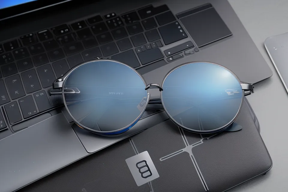 Reflet d'un écran de smartphone dans des lunettes posées sur un clavier