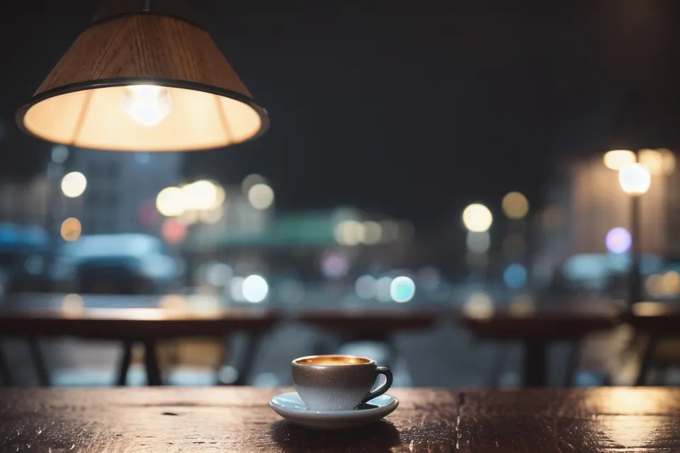 Un petit trépied pour smartphone posé sur un banc de parc au coucher du soleil.