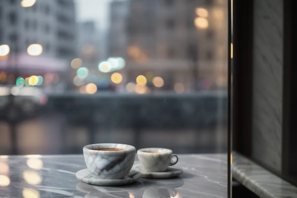 Un smartphone posé à côté d'un café dans un bar de Rennes.