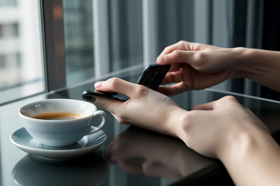 Mains tenant un smartphone avec une interface de messagerie floutée